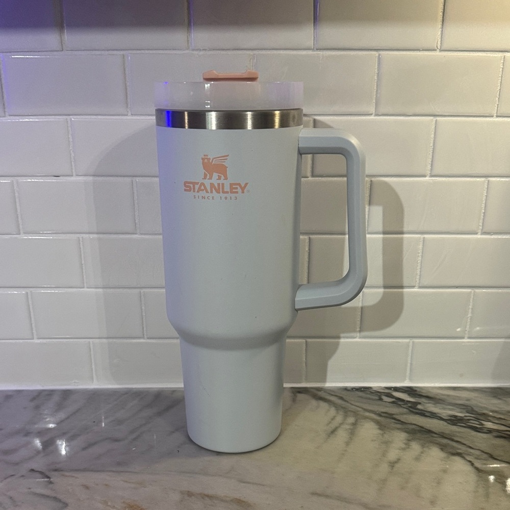 Stanley White Travel Mug with Light Pink Logo and Lid Accent